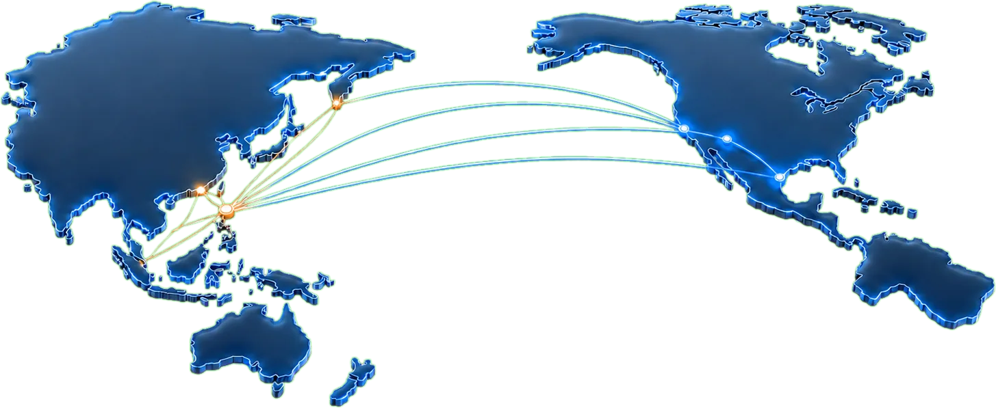 Pacific-centred relief map. Gold nodes across Taiwan, Hong Kong, Singapore and Japan connect by cornflower paths to nodes in California, Arizona and Texas.